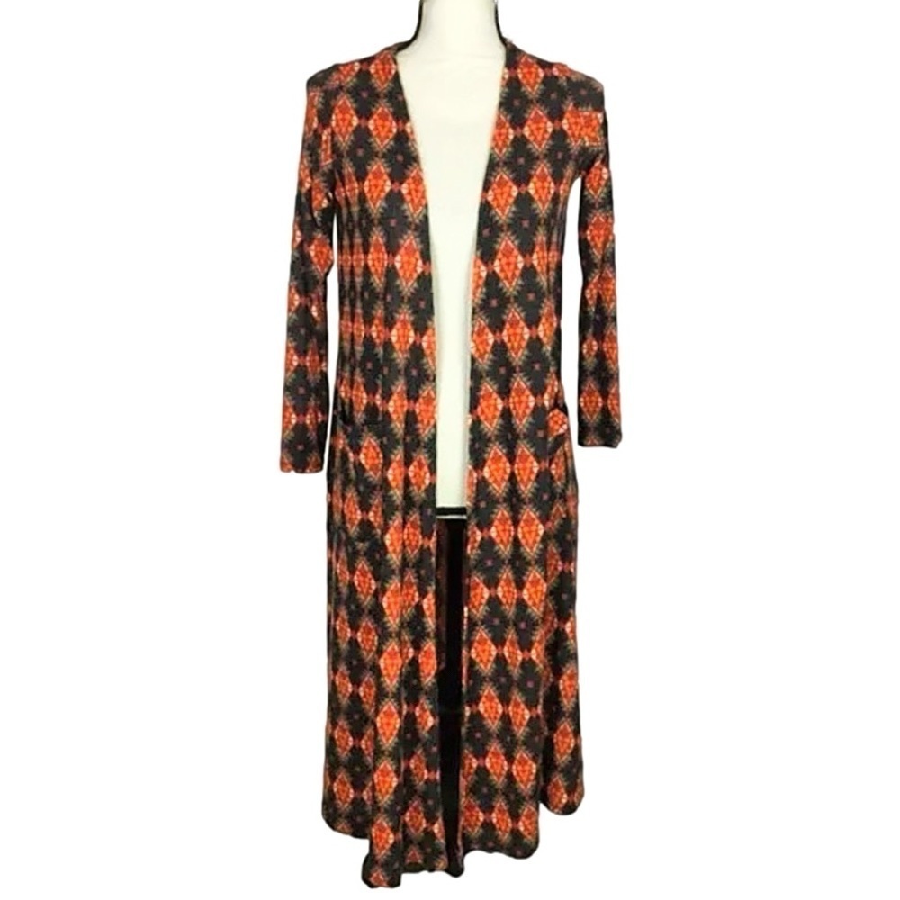 Lularoe Southwest Aztec Geometric Print Open Front Sweater Orange Gray Teal SM